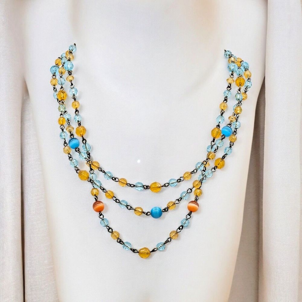 Cat's Eye Necklace Vintage Orange Blue Bead Triple Strand Colorful Draping Jewel
